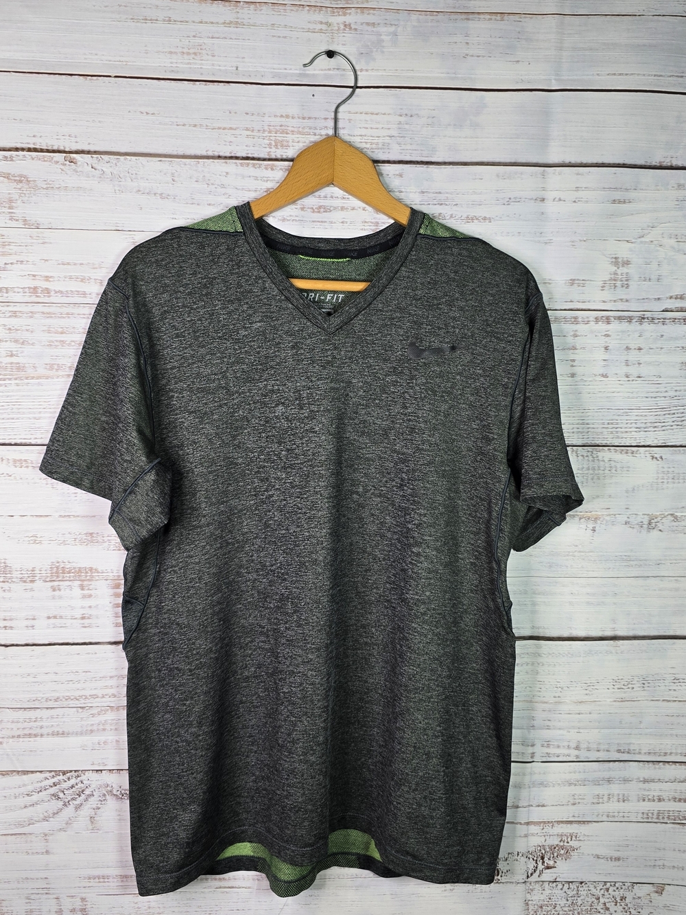 Nike Dri-FIT Men’s Large Gray Green V-Neck Performance Athletic Shirt